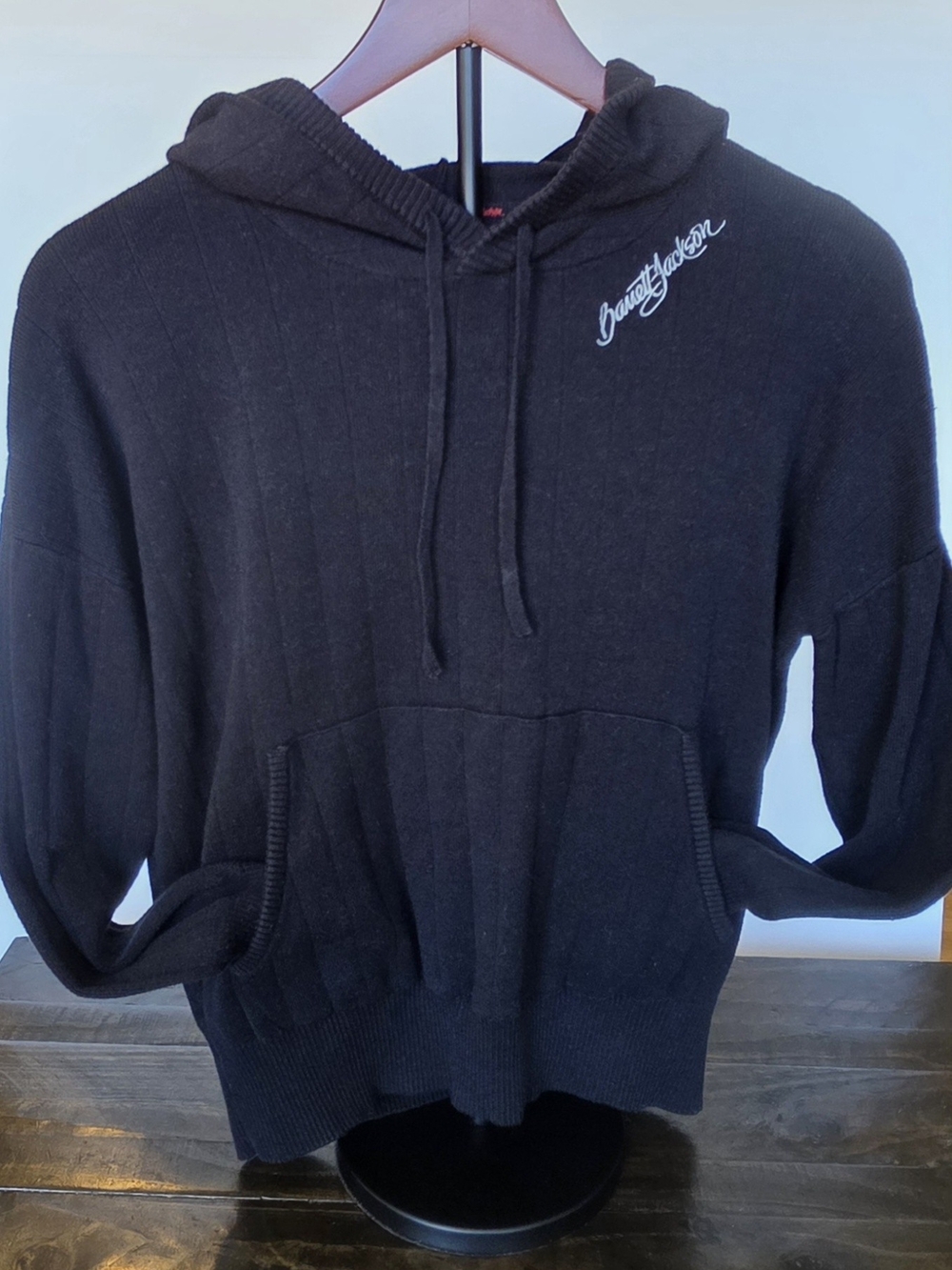 Black Hooded Knit Sweatshirt with Script Chest Detail